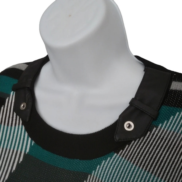 Le Grenier Plaid Striped Knit Sweater with Faux Leather White Black Aqua XS NWOT - Picture 3 of 8